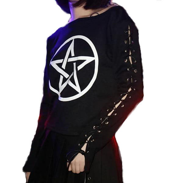 Gothic Pentagram Dark Print Lace Up Long Sleeve-women-wanahavit-black-One Size-wanahavit
