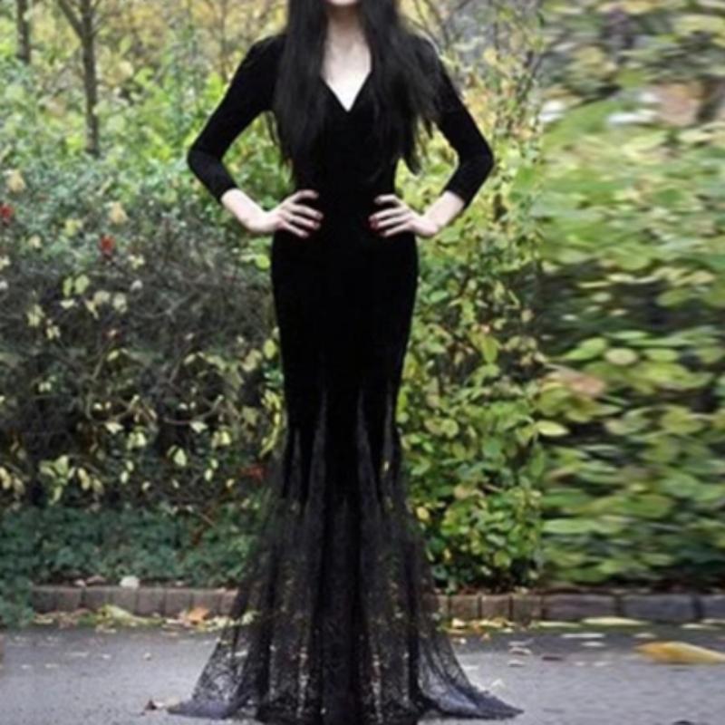 Deep V-Neck Sexy Bodycon Gothic Mesh Long Maxi Dress-women-wanahavit-Black-S-wanahavit