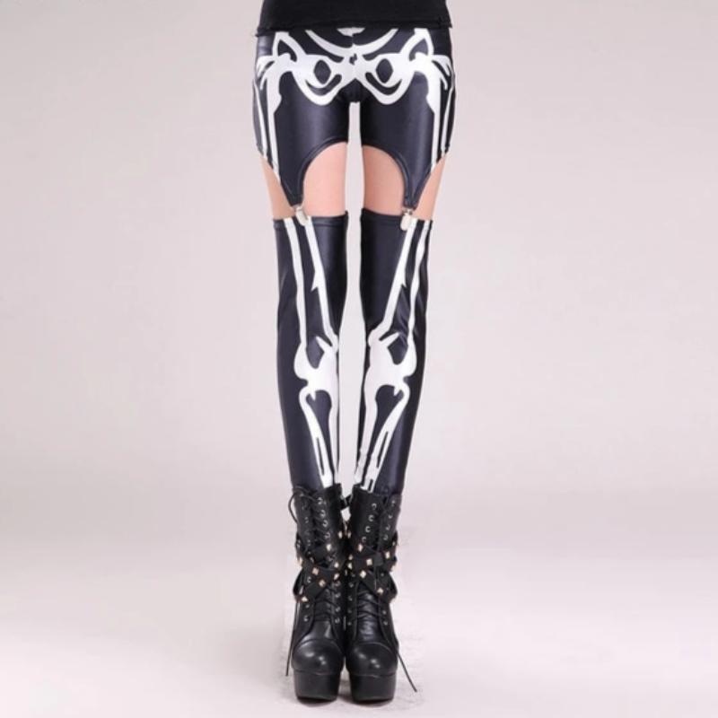 Gothic Skeleton Print Patchwork Hollow Steampunk Legging Pants-women fashion-wanahavit-Black-One Size-wanahavit