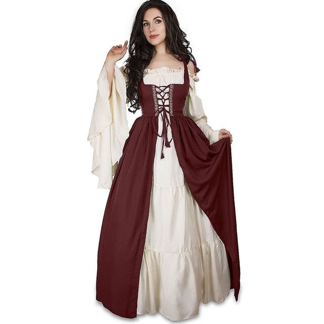 Bandage Corset Medieval Renaissance Vintage Square Collar Dress-women-wanahavit-Red-S-wanahavit
