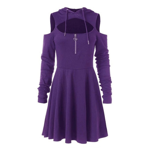 Load image into Gallery viewer, Hoodie Dress Goth Sexy Pleated Hollow Off Shoulder Mini Dresses-women-wanahavit-Purple-S-wanahavit
