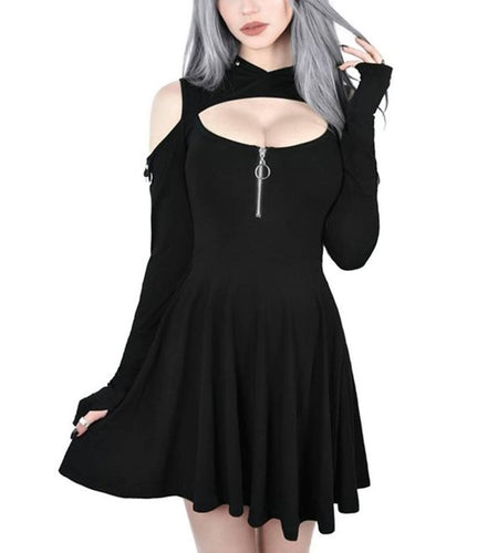 Hoodie Dress Goth Sexy Pleated Hollow Off Shoulder Mini Dresses-women-wanahavit-Black-S-wanahavit
