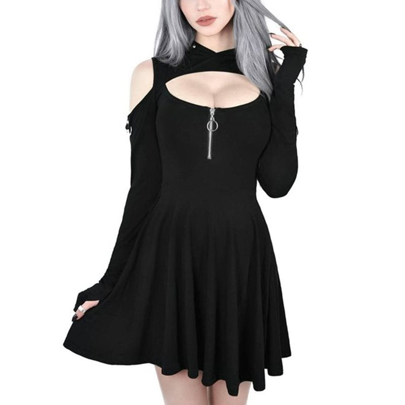 Hoodie Dress Goth Sexy Pleated Hollow Off Shoulder Mini Dresses-women-wanahavit-Black-S-wanahavit
