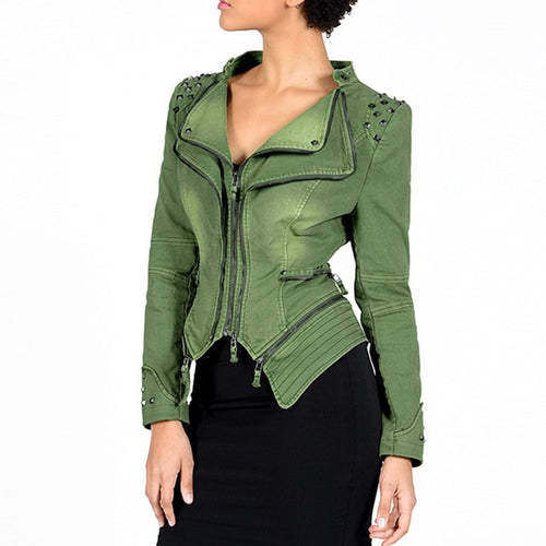 Load image into Gallery viewer, Gothic Slim Punk Style Lapel Zipper Rivet Jacket-women-wanahavit-Green-S-wanahavit
