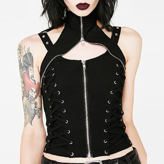 Sexy Gothic Chic Slim Lace Up Punk Rivet Stylish Tank Tops-women-wanahavit-Black-L-wanahavit