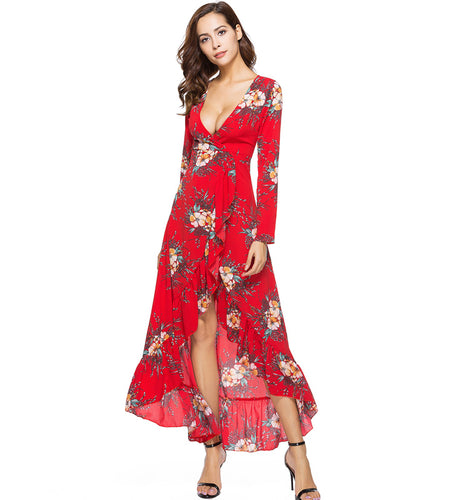 Deep V Neck Floral Print Ruffle Chiffon Long Dress-women-wanahavit-Floral-L-wanahavit