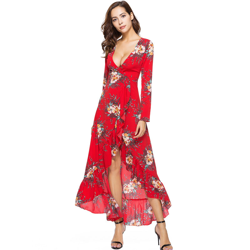 Deep V Neck Floral Print Ruffle Chiffon Long Dress-women-wanahavit-Floral-L-wanahavit