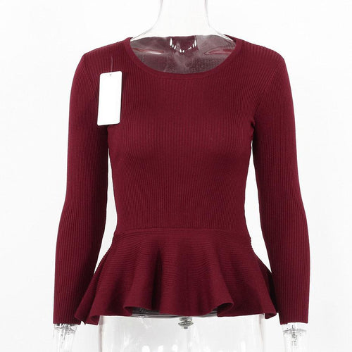 Load image into Gallery viewer, Ruffle Knitted Peplum Long Sleeve Sweater-women-wanahavit-Red-One Size-wanahavit
