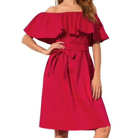 Ruffle Off Shoulder Dress with Bow Knot Belt-women-wanahavit-Black-One Size-wanahavit