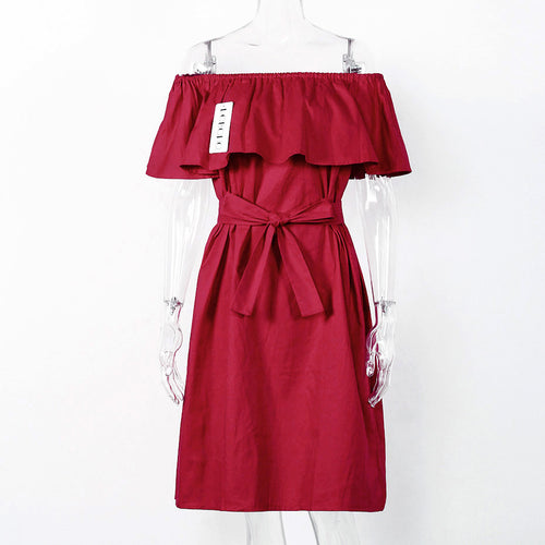 Load image into Gallery viewer, Ruffle Off Shoulder Dress with Bow Knot Belt-women-wanahavit-Red-One Size-wanahavit
