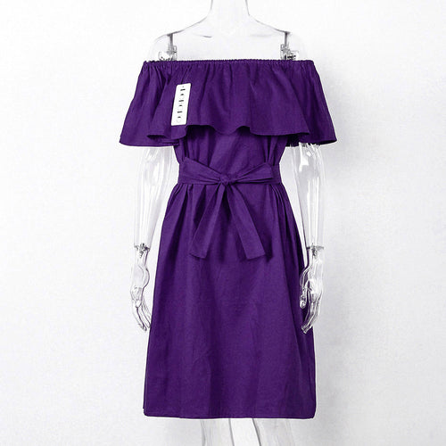 Load image into Gallery viewer, Ruffle Off Shoulder Dress with Bow Knot Belt-women-wanahavit-Purple-One Size-wanahavit
