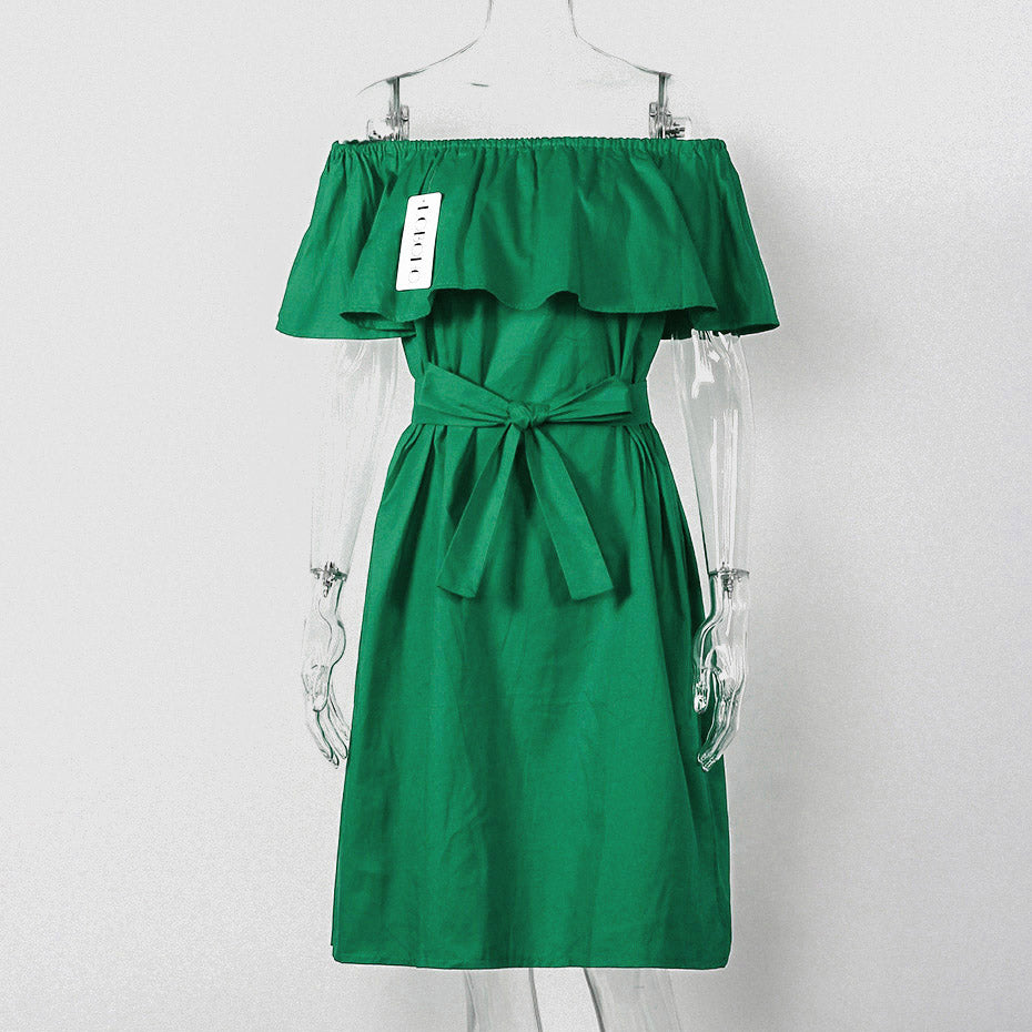 Ruffle Off Shoulder Dress with Bow Knot Belt-women-wanahavit-Green-One Size-wanahavit