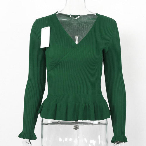 Load image into Gallery viewer, V Neck Ruffle Peplum Knitted Long Sleeve Wrap Shirt-women-wanahavit-Green-One Size-wanahavit
