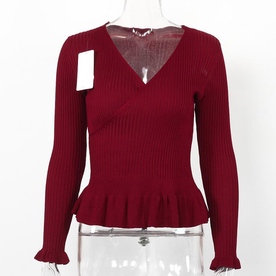 V Neck Ruffle Peplum Knitted Long Sleeve Wrap Shirt-women-wanahavit-Wine red-One Size-wanahavit