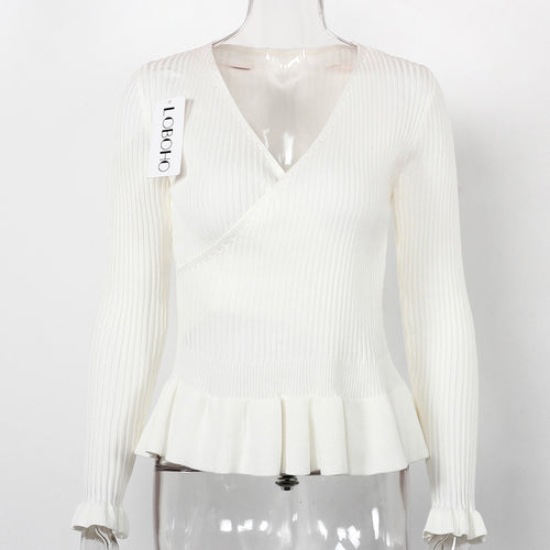 Load image into Gallery viewer, V Neck Ruffle Peplum Knitted Long Sleeve Wrap Shirt-women-wanahavit-White-One Size-wanahavit
