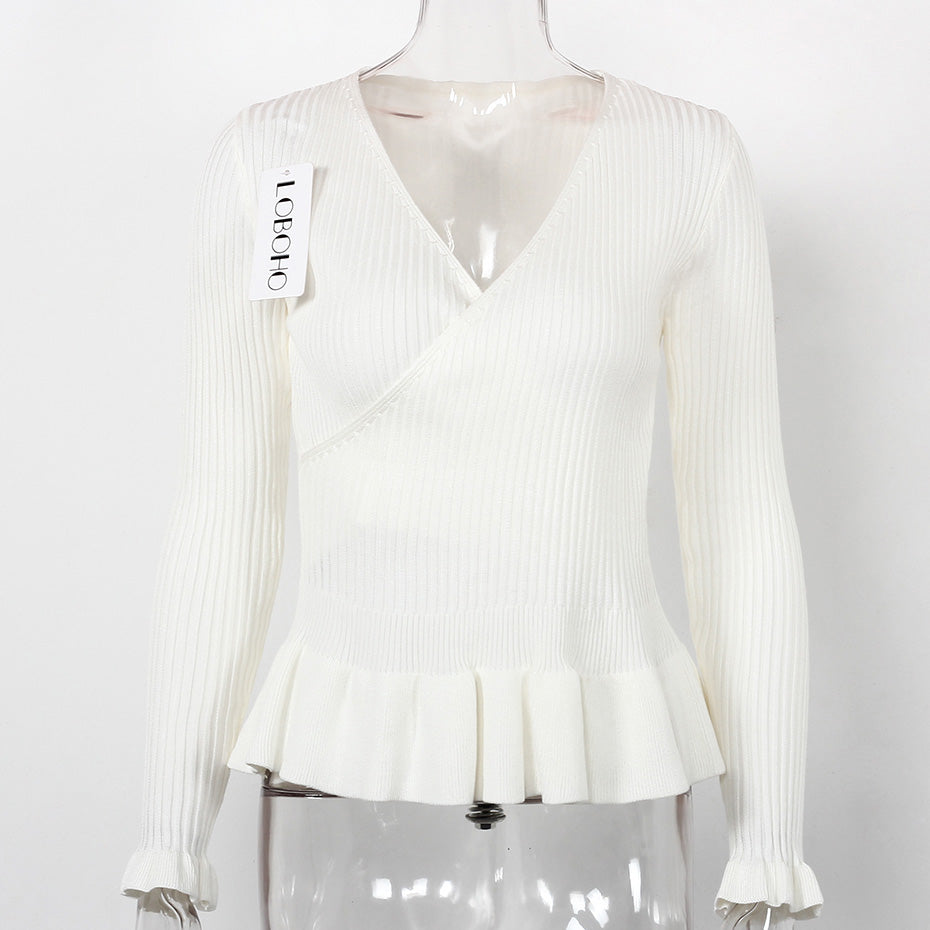 V Neck Ruffle Peplum Knitted Long Sleeve Wrap Shirt-women-wanahavit-White-One Size-wanahavit