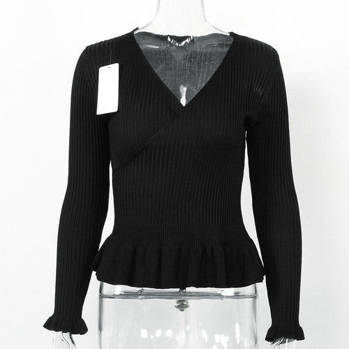 Load image into Gallery viewer, V Neck Ruffle Peplum Knitted Long Sleeve Wrap Shirt-women-wanahavit-Black-One Size-wanahavit
