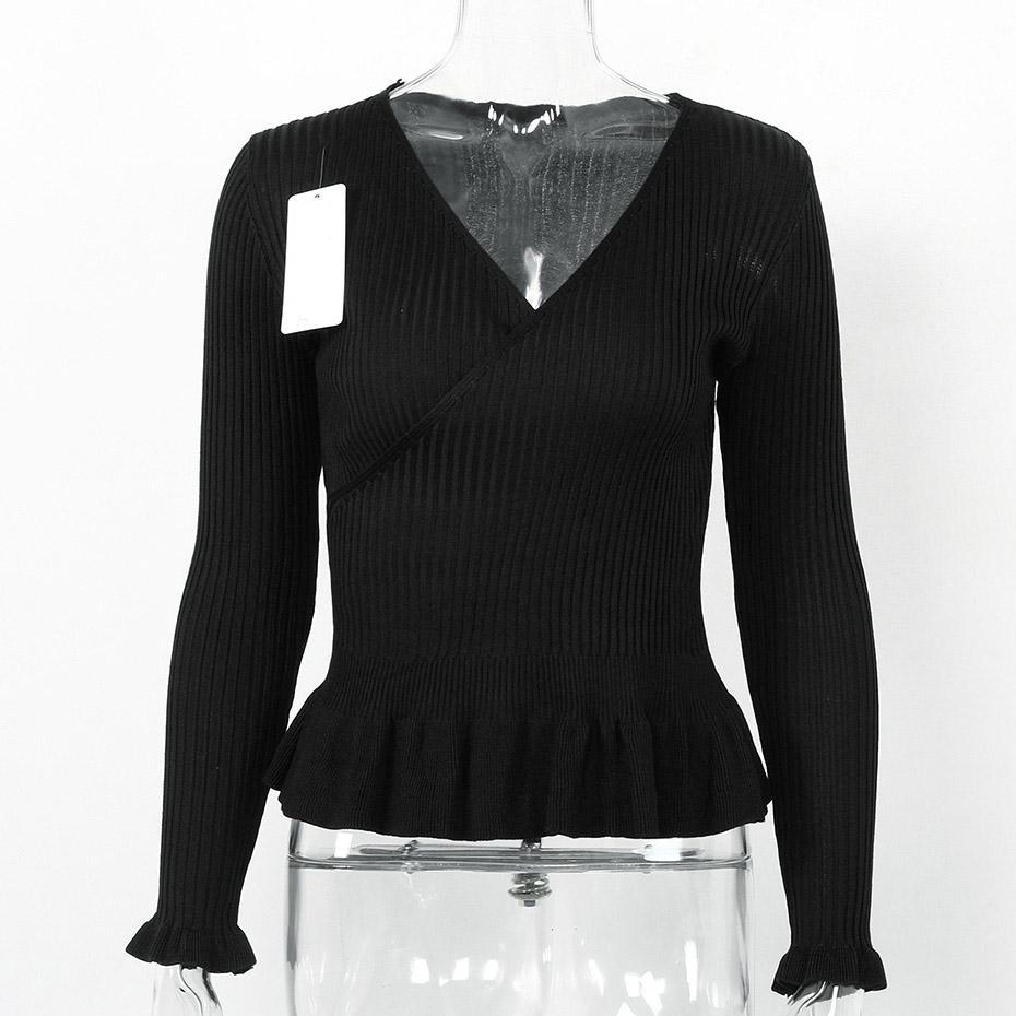 V Neck Ruffle Peplum Knitted Long Sleeve Wrap Shirt-women-wanahavit-Black-One Size-wanahavit