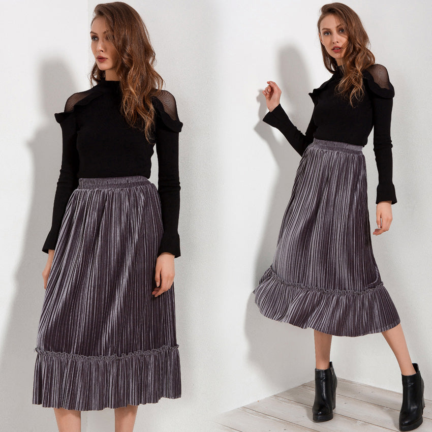 Ruffle Velvet Spring Pleated Long Skirt-women-wanahavit-Black-One Size-wanahavit