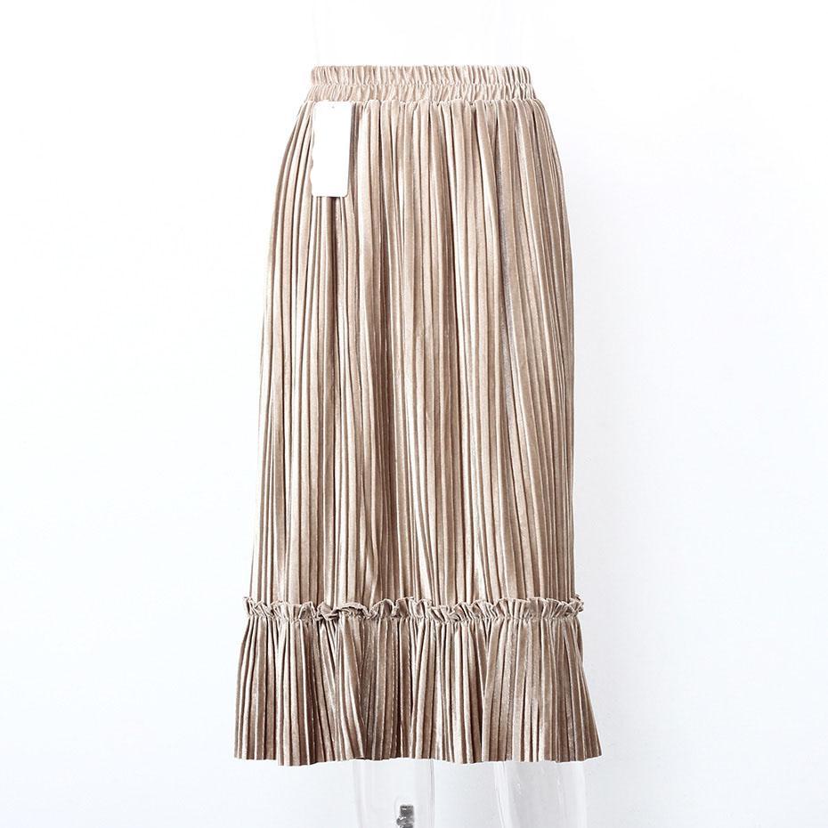 Ruffle Velvet Spring Pleated Long Skirt-women-wanahavit-Khaki-One Size-wanahavit