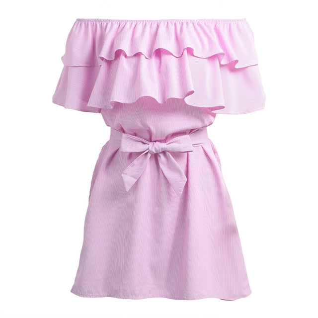 Ruffles Summer Stripe Printed Elastic Slash Neck Mini Beach Dress-women-wanahavit-Pink-L-wanahavit