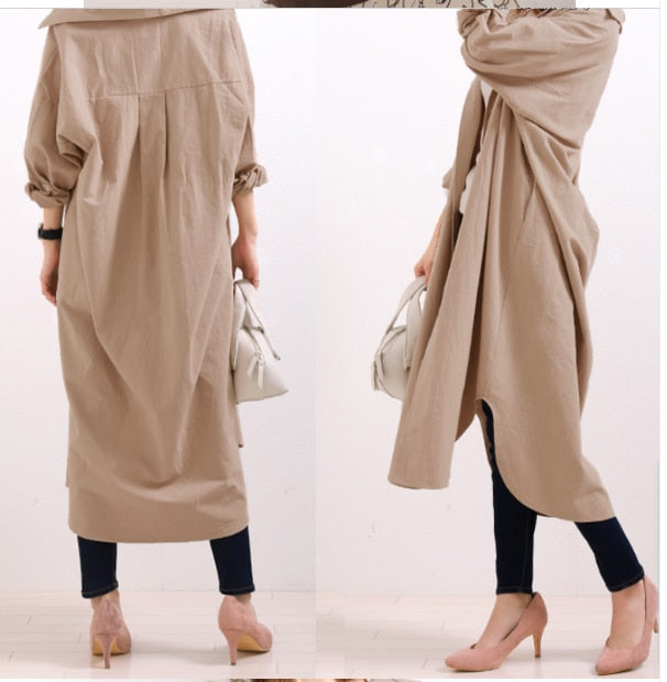 S-2XL Spring Casual Patchwork Cotton Collar Loose Long Sleeve Long Shirt Dress
