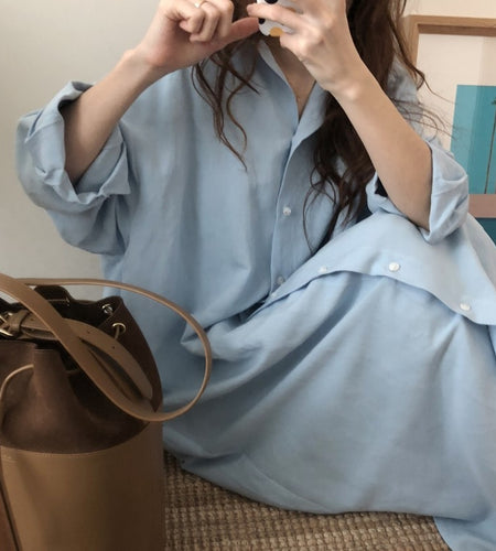 S-2XL Spring Casual Patchwork Cotton Collar Loose Long Sleeve Long Shirt Dress