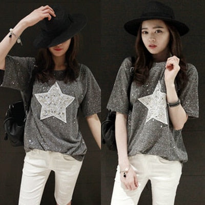 S-2XL Summer Casual Embroidery Star Loose Short Sleeves Tee