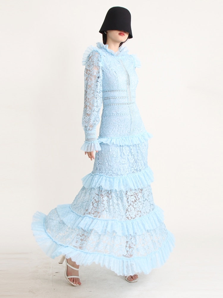 Elegant Dresses For Women Stand Collar Long Sleeve High Waist Embroidery Slim Dress Female Fashion Clothing