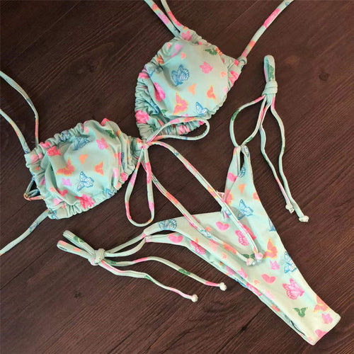 Load image into Gallery viewer, Wrinkled Lace Up Mini Thong Bikini Female Swimsuit Women Swimwear Two-Pieces Bikini set Tie Dye Bather Bathing Suit Swim V2552B
