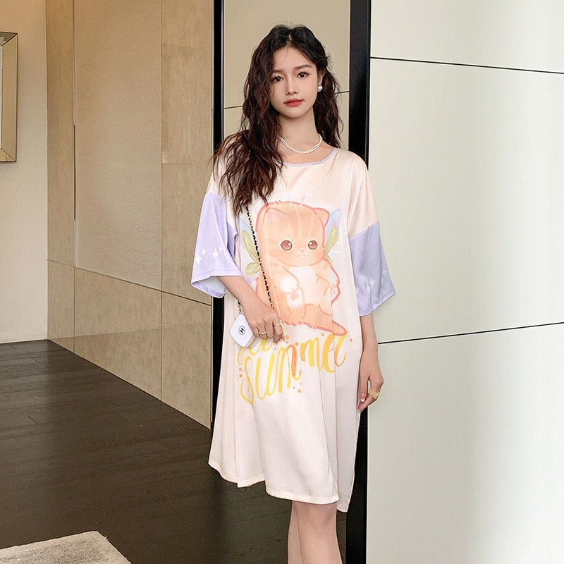 Satin Nightwear Women Short Sleeve Silk Sleeping Dress Casual Sweet Girl Loose Nightdress Summer Mid Length Pajama Skirt