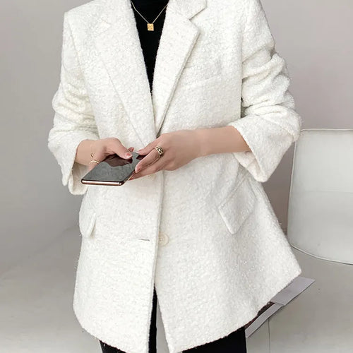 Load image into Gallery viewer, Fashion White Blazers For Women Notched Long Sleeve Patchwork Pocket Single Breasted Loose Blazer For Women
