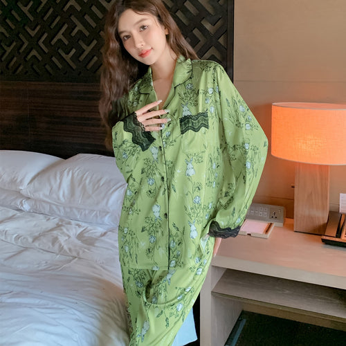 Load image into Gallery viewer, High Quality Women&#39;s Pajamas Set Floral Print Lace Sleepwear Silk Like Fashion Homewear Nightwear Femme Petite
