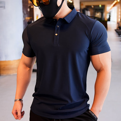 Load image into Gallery viewer, Men Fitness Workout Skinny Short Sleeve T-shirt Male Bodybuilding Tee Shirt Sports Polos Lapel Casual Sports Quick Dry Clothes
