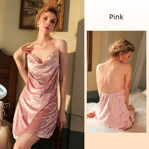 Load image into Gallery viewer, Women&#39;s Pajamas Sling Dress Swing Collar Sexy Nightgown Elegant Velvet Split Skirt Backless Sleepdress Leisure Outwear
