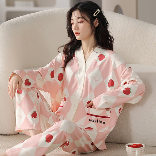 Load image into Gallery viewer, Women&#39;s Pajamas Set Cute Fruit Print Leisure V Neck Sleepwear Cotton Blended Long Casual Homewear Nightwear Femme 3XL
