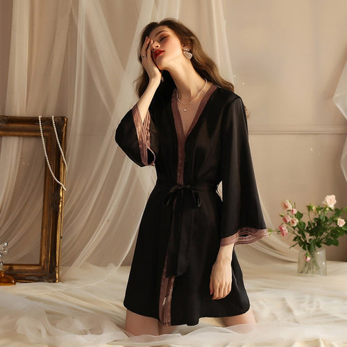 Load image into Gallery viewer, Women&#39;s Pajamas Robe Deep V Neck Silky Satin Nightrobe Sexy Lace Bathrobe Simple Elegant Sleepwear Lougewear Femme
