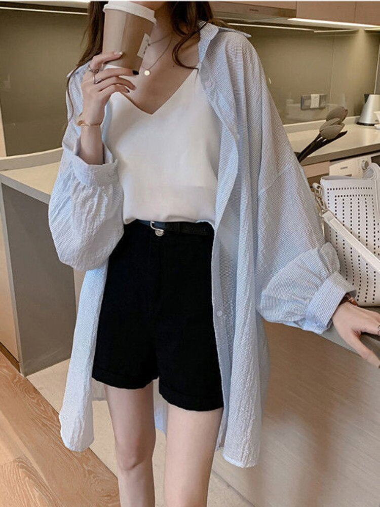 Thin Summer Women Long Shirts Long Sleeve Loose Korean  Oversize Sun Protection Shirt Fashion Button Casual Female Tops