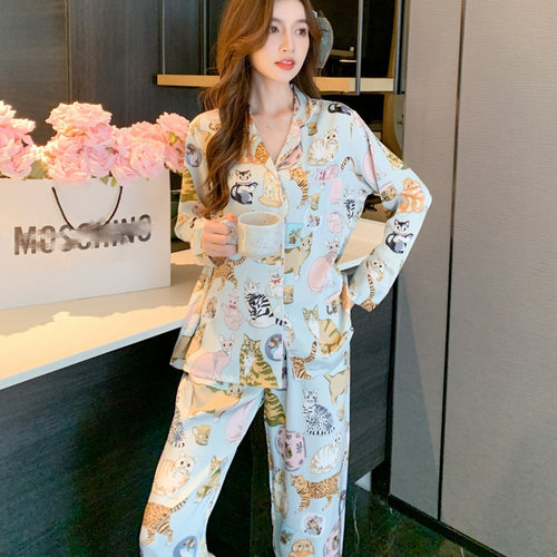 Load image into Gallery viewer, High Quality Women&#39;s Pajamas Set Luxury Pet Cats Pattern Sleepwear Silk Like Casual Homewear Cute Nightwear Femme Petite
