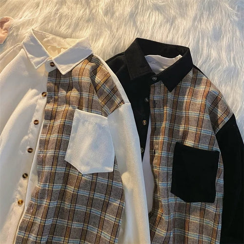 Load image into Gallery viewer, Patchwork Women Shirts Spring Korean Design Oversize Button Up Shirt Long Sleeve All Match Vintage Plaid Female Tops
