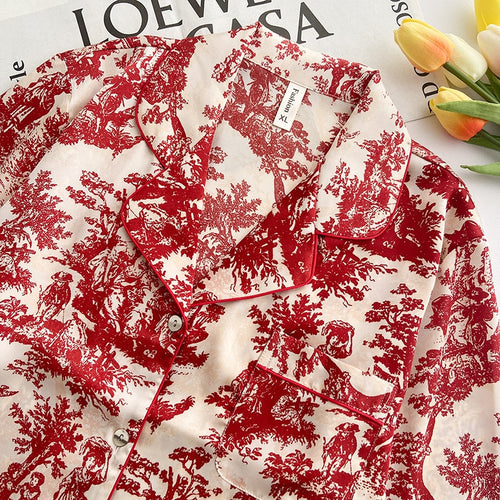 Load image into Gallery viewer, Luxury Red Maple Leaf Printed Women&#39;s Pajamas Spring Autumn Long Sleeved Pants Casual Floral Home Clothing Set
