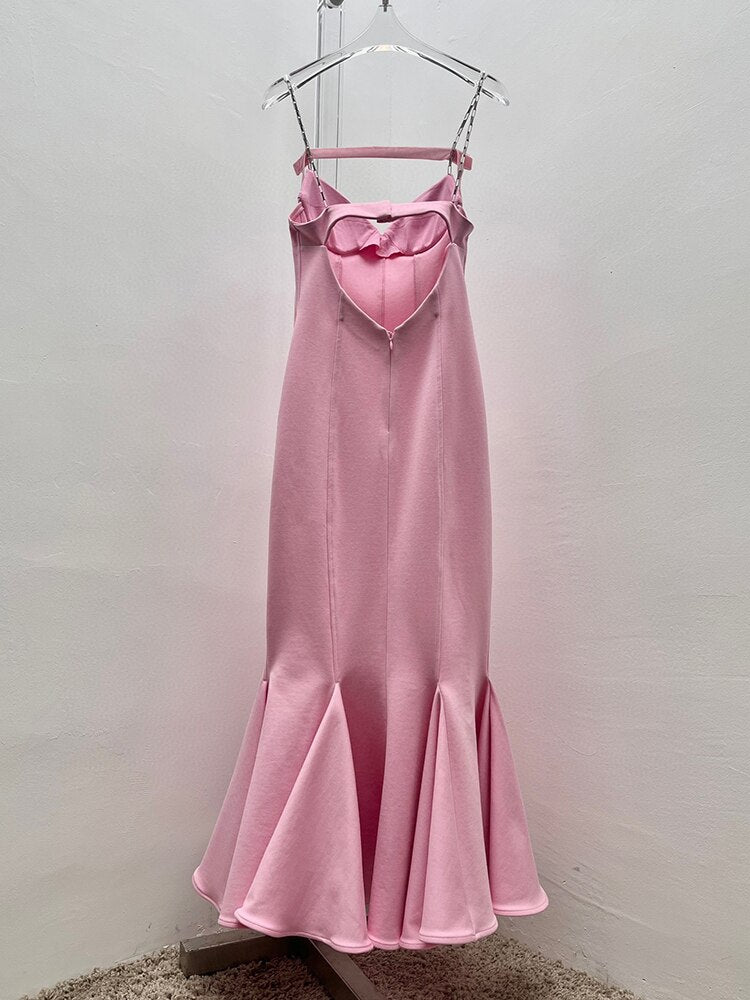 Pink Dresses For Women Square Collar Sleeveless Folds Backless Elegant Dress Female Fashion Clothing Summer