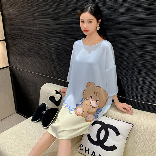 Load image into Gallery viewer, Women&#39;s Pajama Skirt Summer Thin Short Sleeve Medium Length Silk Like Nightwear Cartoon Nightdress Loose Home Clothing
