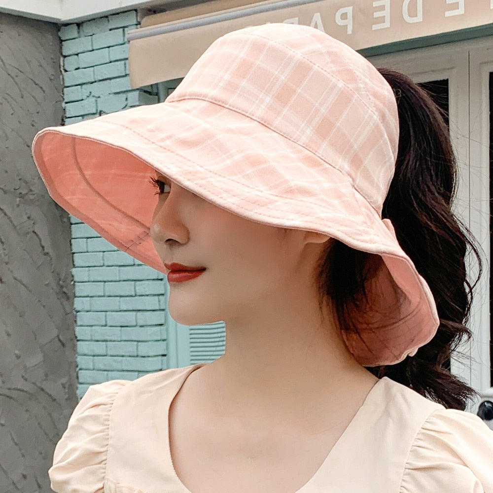 Women's Summer Hat Fashion Lattice Design Sun Hat Female Travel  Beach Bucket Hat