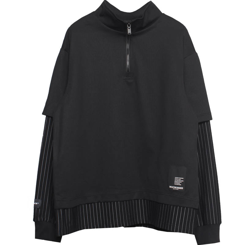 Hip Hop Streetwear Sweatshirt Men Patchwork Fake Two Pieces Sweat Shirt Fashion Harajuku Mock Neck Pullover Black Men Clothes