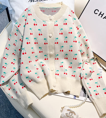 Preppy Style Women Cardigan Sweater Casual O Neck Button Up Knitted Cherry Fall Ladies Coat Korean Loose Female Sweater Top