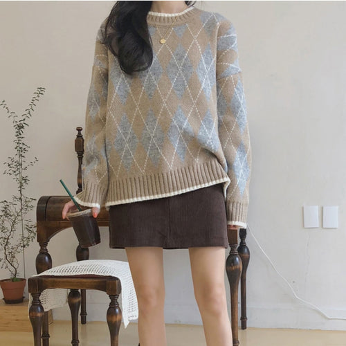 Load image into Gallery viewer, Korean Fashion Autumn Winter Vintage Loose All Match Pullover Plaid Knitted Sweater Long Sleeve Women Clothes Femme Top
