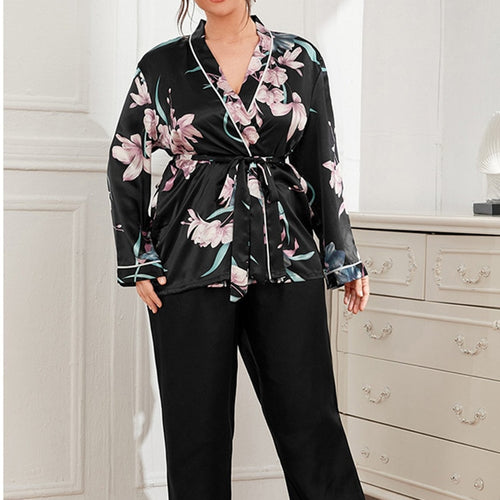 Load image into Gallery viewer, Plus Size Women&#39;s Pajamas Set Floral Print Free Sleepwear Silk Like Homewear Elegant V Neck Nightwear with 4XL 5XL
