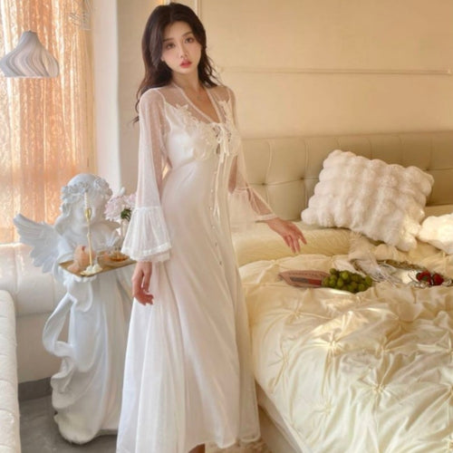 Load image into Gallery viewer, Spring Imitation Silk Sleepwear Set Open Back Long Skirt Women&#39;s Suspender Sleeping Dress Casual Comfortable Home Suit
