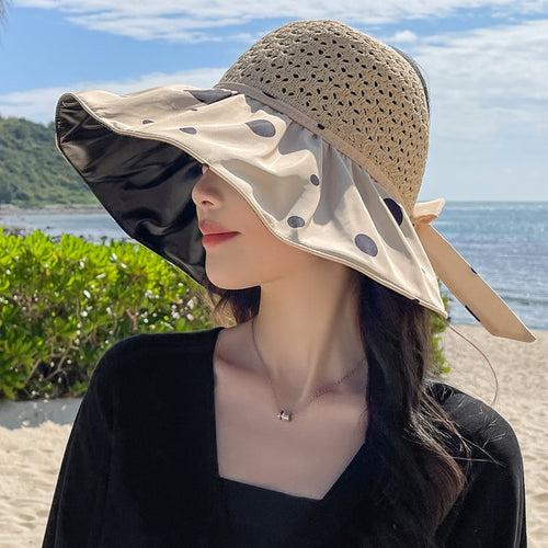 Load image into Gallery viewer, Summer Hats For Women Fashion Polka Dot Pattern Design Straw Hat  Empty Top Sun Hat Travel Beach Hat
